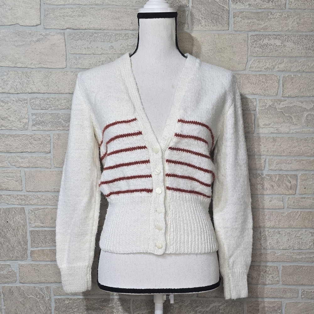 Vintage Hand-Knit Cardigan by Esther Murphy Cream Button Front Sweater Red Strip